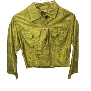 Chico's Embroidered Silk Rayon Jacket‎ Button Up Chartreuse Green Size 0